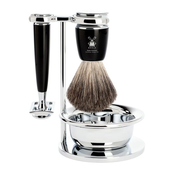 Muhle Shaving Set RYTMO 4 Piece Pure Badger Brush with Safety Razor - Black